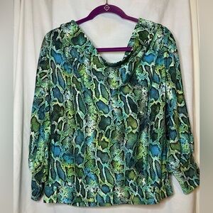 NWT Coldesina Cowl Neck Blue Green Python Print Pattern Long Sleeve Tunic Size S